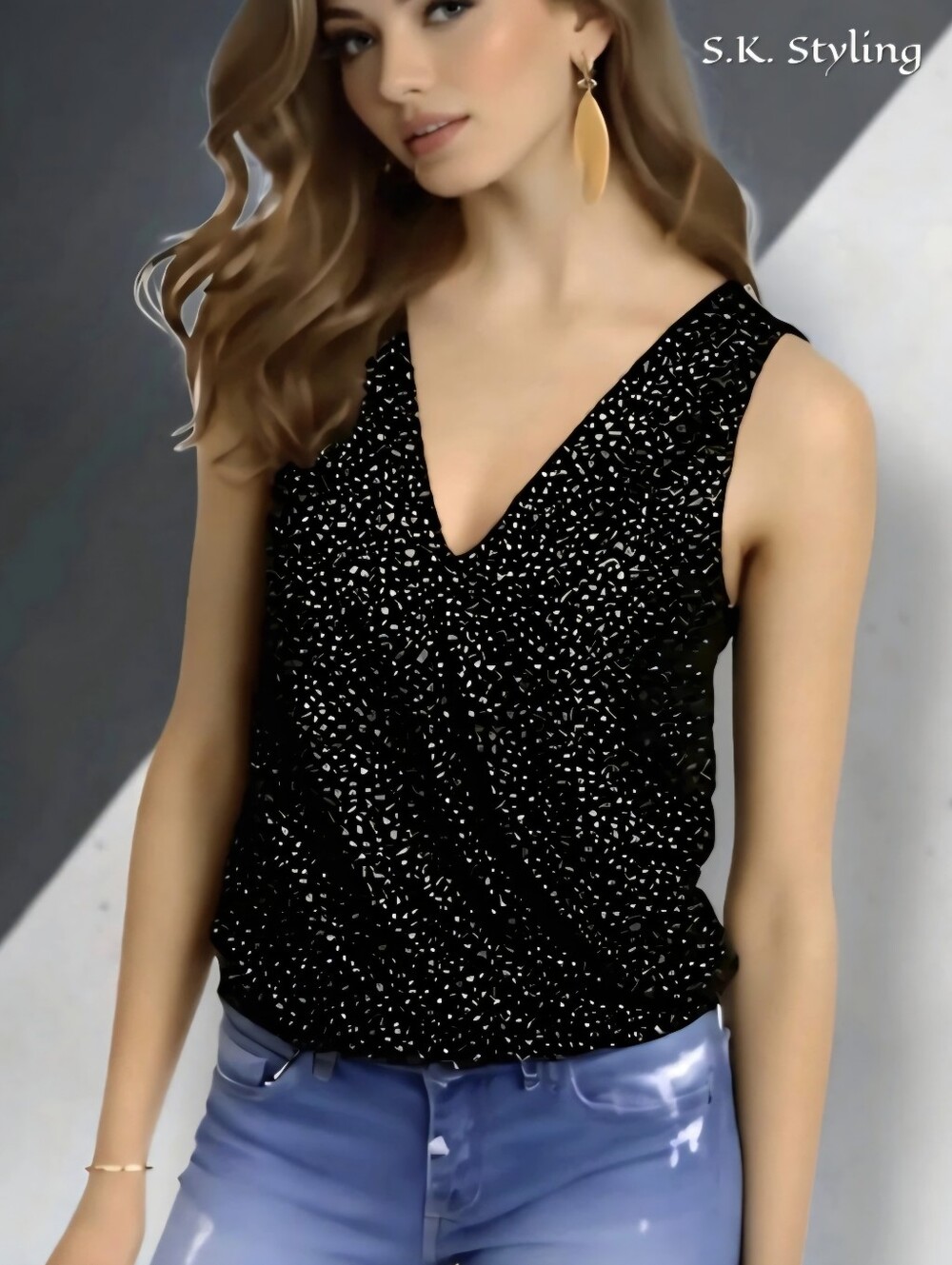 ERI + ALI Anthropologie Evita Black w/Gold Shimmer Surplice Faux Wrap Top Small